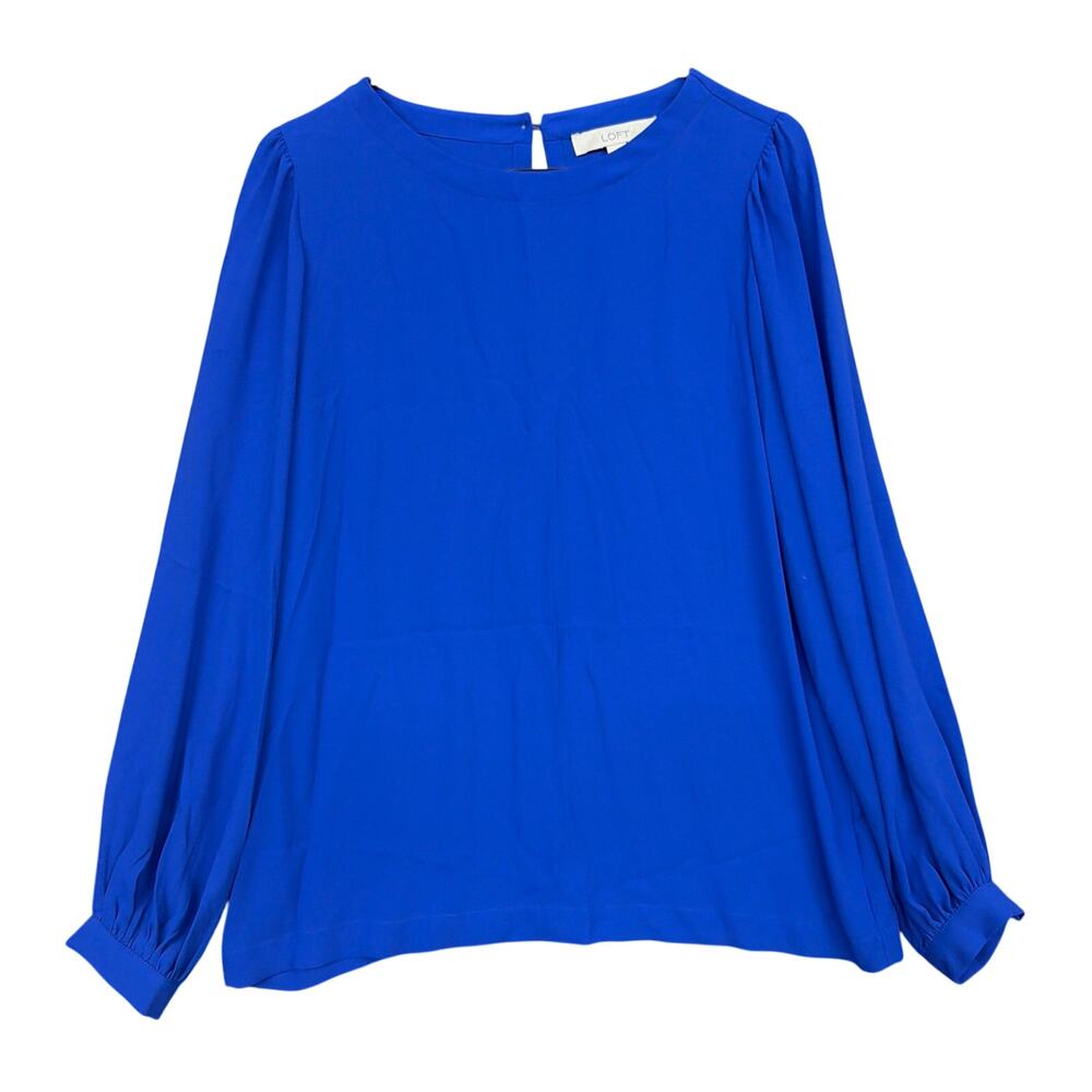 LOFT Womens Blouse Blue Long Sleeve Round Neck Flowy Semi Sheer Small